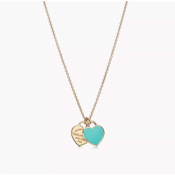 Tiffany 18k Gold Blue Mini Double Heart Tag Pendant Necklace - Picture 5 of 6